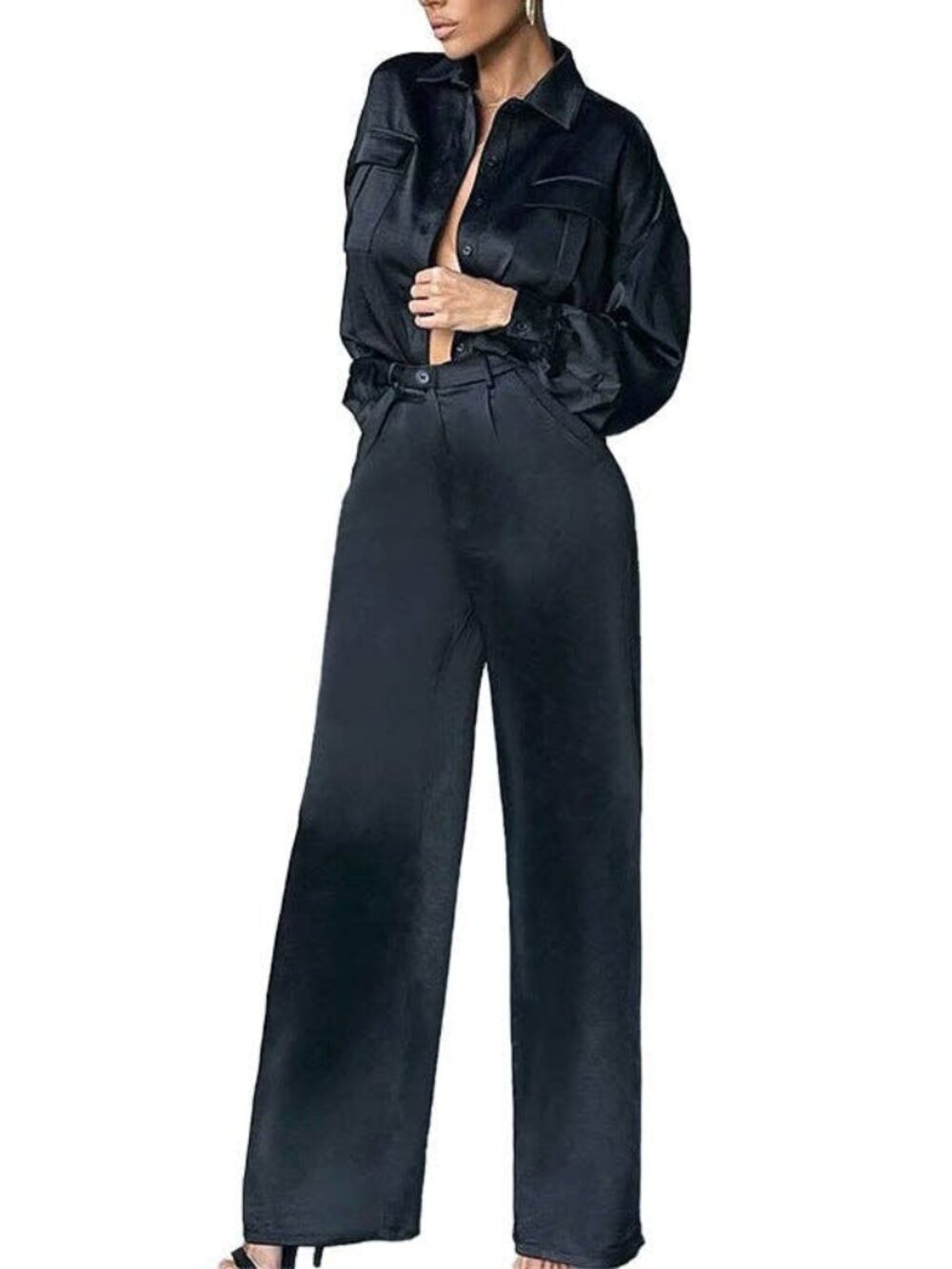 Black Satin Button Down Long Sleeve Top & High-Waist Wide-Leg Pants -SOLD AS SET